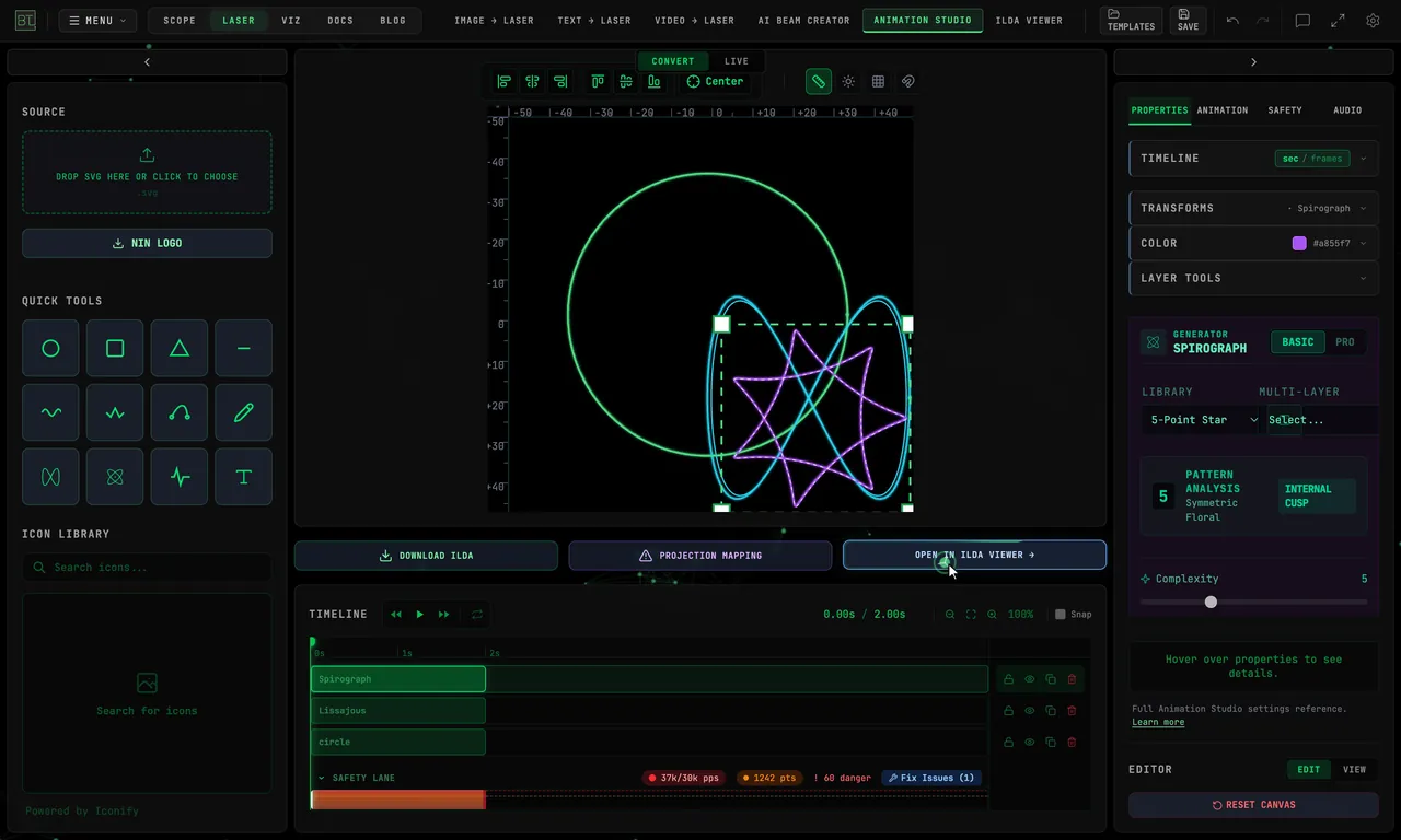 Choosing Circle, Lissajous and Spirograph in QUICK TOOLS and dragging each out from the canvas center; each becomes a timeline layer and the safety lane updates