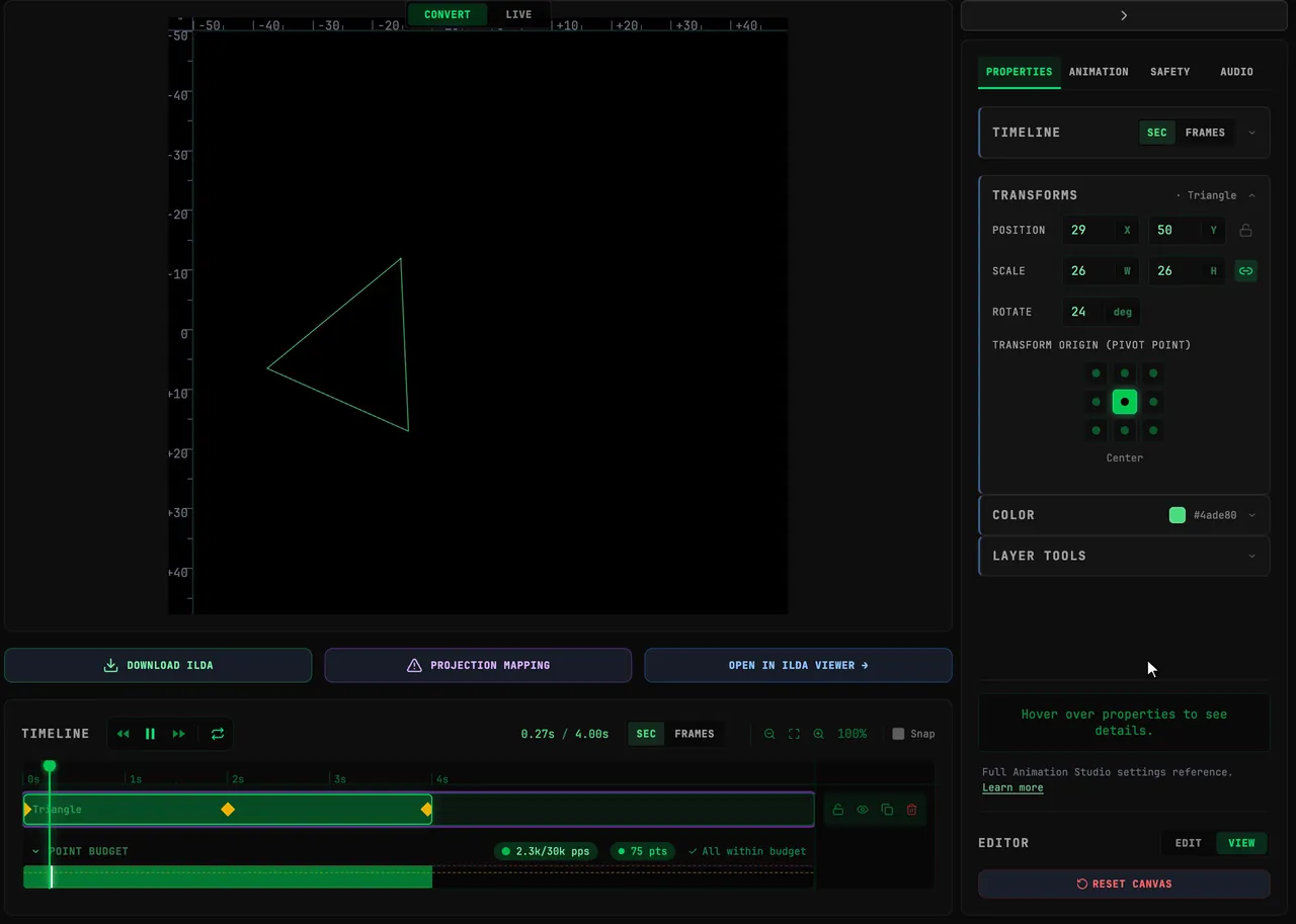A triangle layer is keyed with K at 0 s; the playhead moves to 2 s, EDIT is clicked, the triangle is dragged across the canvas and ROTATE is set to 180; at the end of the timeline POSITION X is set back and ROTATE to 360. Play runs the three keyframes on a loop while the playhead travels along the timeline