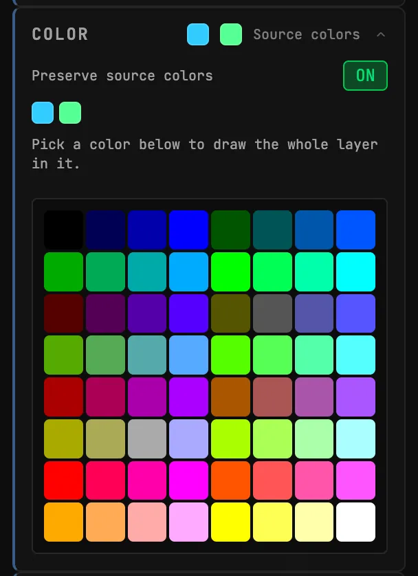 The COLOR section of a selected LOTTIE STAR layer: Preserve source colors ON, the file's cyan and green as swatches, the hint to pick a color below, and the color palette