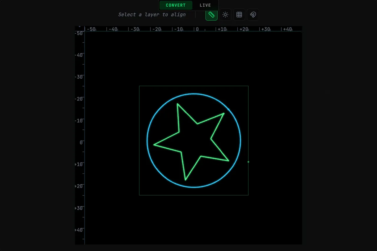 Animation Studio canvas playing the LOTTIE STAR example in its own colors: a green five-point star draws itself on inside a cyan ring while the whole figure turns