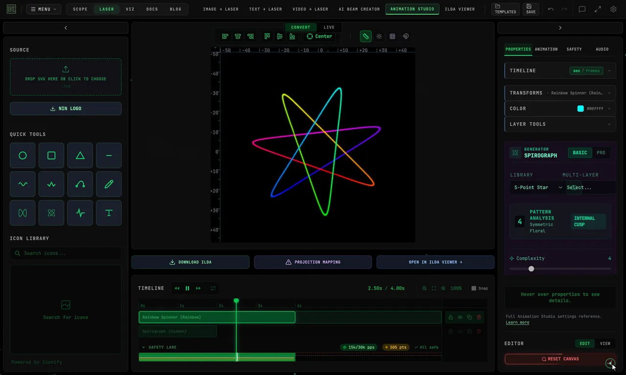 A Spirograph layer turned into the Rainbow Center multi-layer preset, then played on the timeline as rainbow spirograph layers rotate and draw