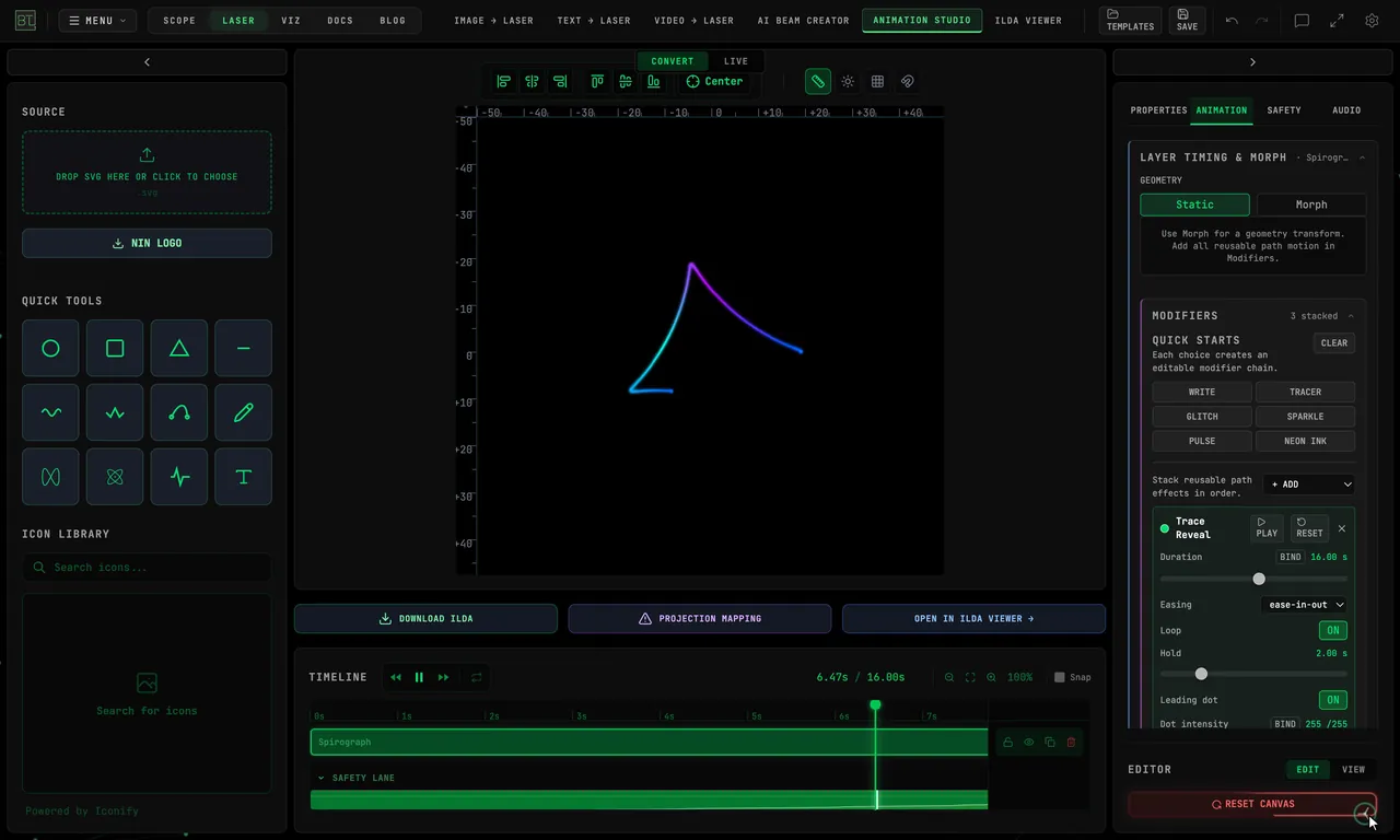 The ANIMATION tab MODIFIERS section: clicking NEON INK on a spirograph layer and pressing Play, the spirograph is written stroke by stroke in flowing color