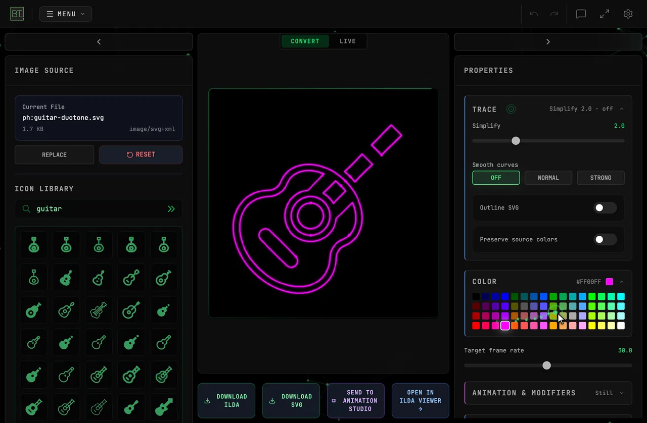 Preserve source colors switched off, then the COLOR PALETTE used to recolor the guitar magenta, cyan, amber, red and green before switching source colors back on
