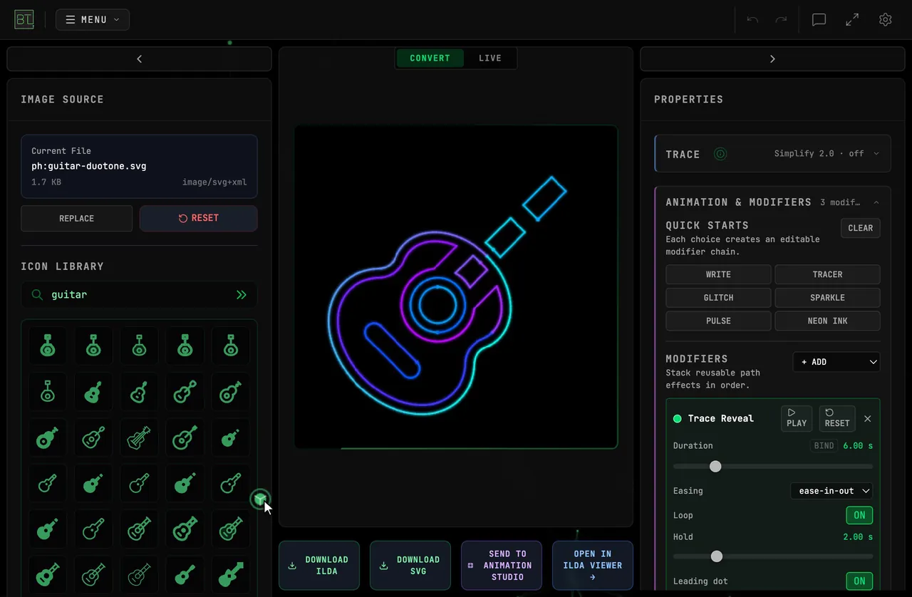 Image to Laser: searching the icon library for guitar, clicking a guitar icon, and the NEON INK Quick Start writing it onto the preview in flowing blue, cyan and magenta