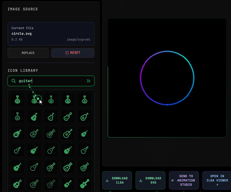 Typing guitar into the ICON LIBRARY search, the grid of guitar icons appearing, and clicking one to load it into the preview