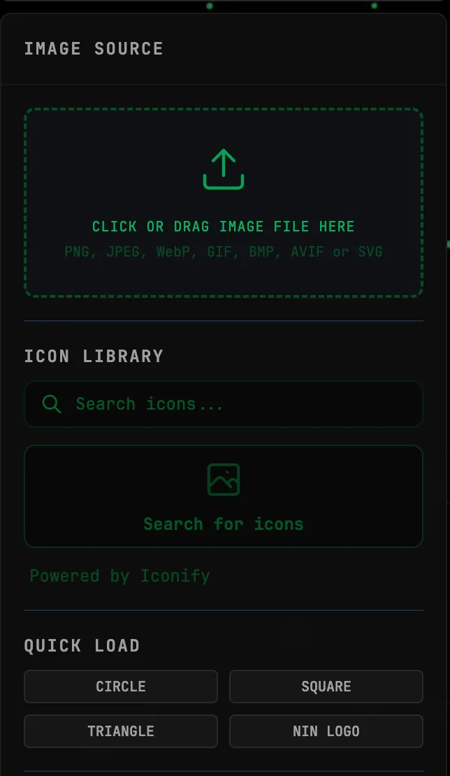 The IMAGE SOURCE panel: the upload area listing PNG, JPEG, WebP, GIF, BMP, AVIF and SVG, the Iconify icon search, and the four Quick Load shapes