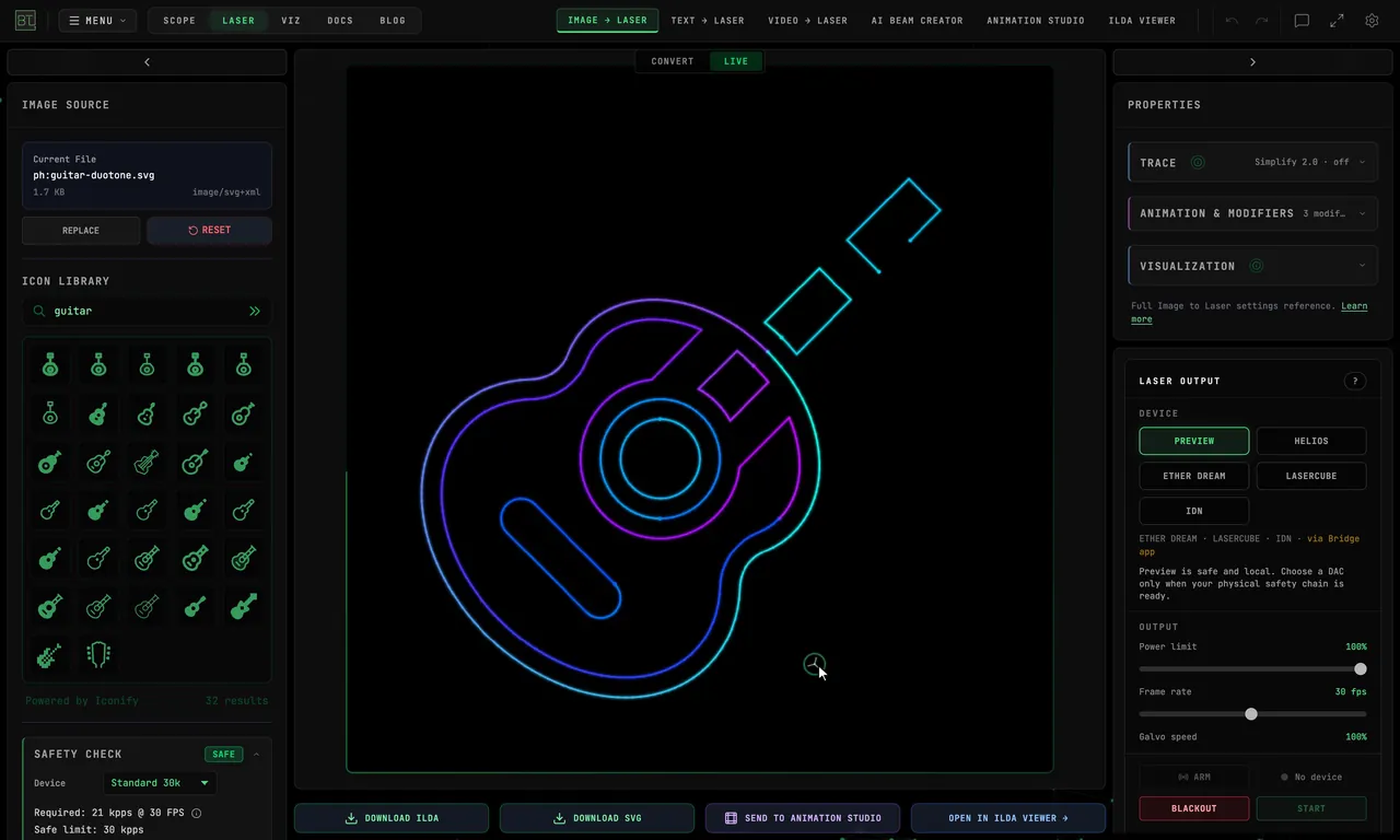 Switching Image to Laser from CONVERT to LIVE opens the LASER OUTPUT panel; PREVIEW is selected, with HELIOS, ETHER DREAM, LASERCUBE and IDN beside it and the safety controls below