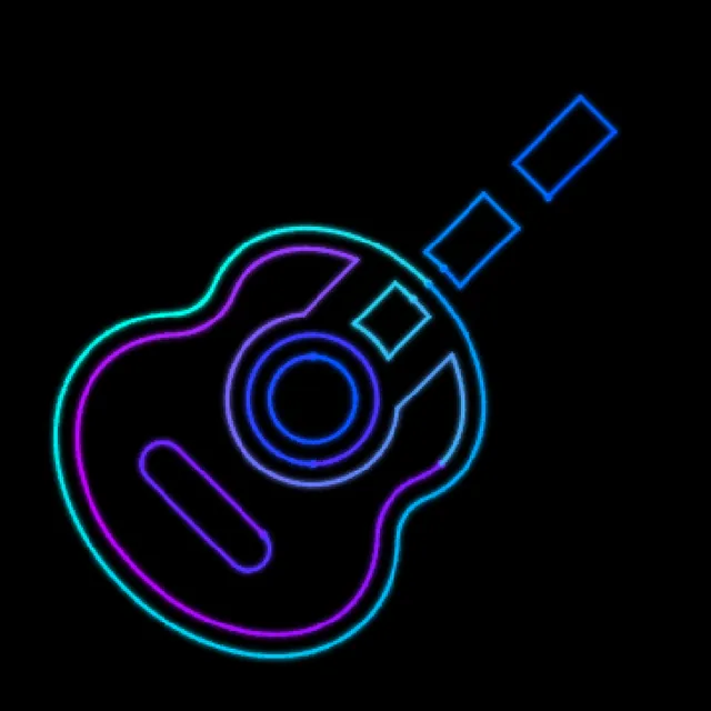NEON INK: the guitar written stroke by stroke in flowing blue, cyan and magenta