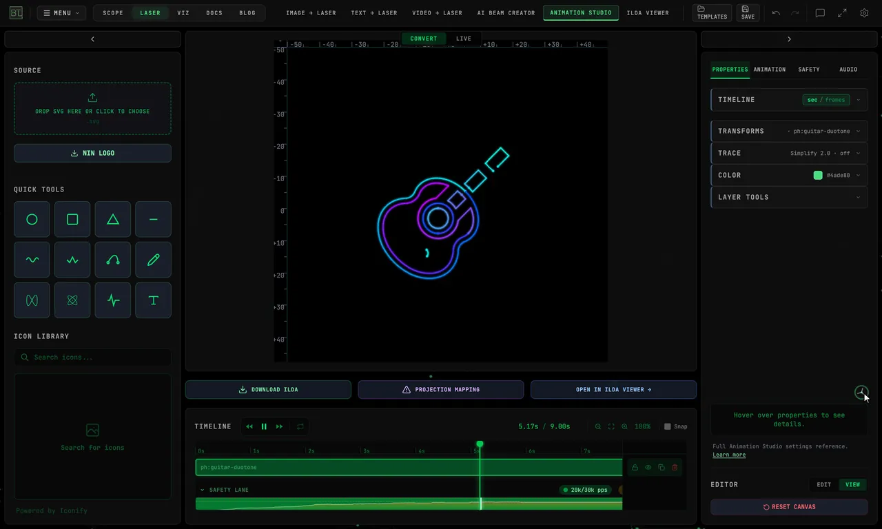 Clicking SEND TO ANIMATION STUDIO opens Animation Studio with the guitar as a timeline layer; switching the editor to VIEW and pressing Play replays the NEON INK reveal