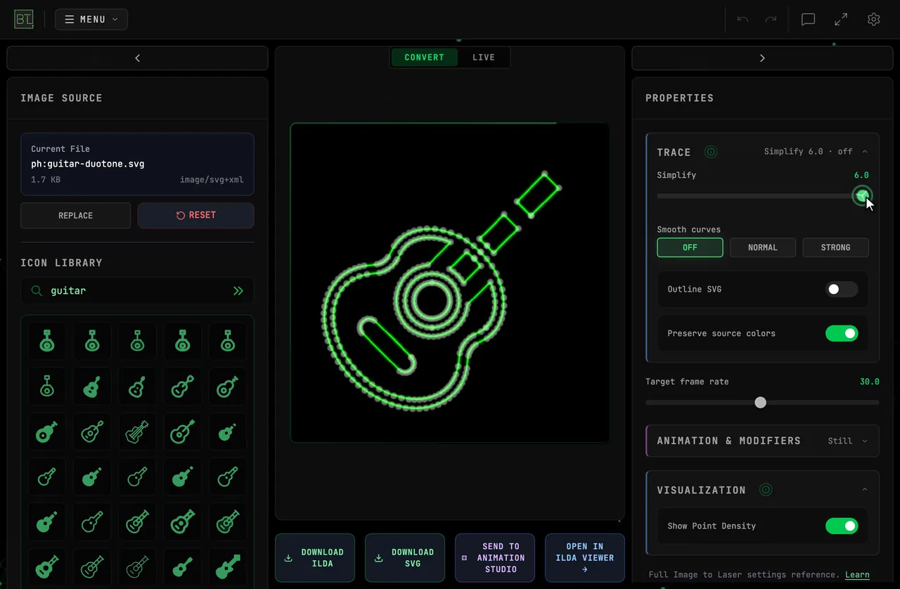 Simplify dragged from 2.0 to 6.0 and down to 0.5 on a guitar icon with Show Point Density on, so the individual laser points thin out and pack back in along the outline