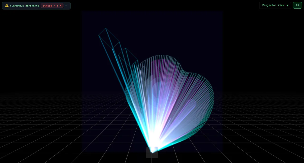 The guitar opened in the ILDA Viewer in 3D, Translucent beam mode, Projector View: violet and cyan beams fan out from the projector and draw the guitar as the reveal plays