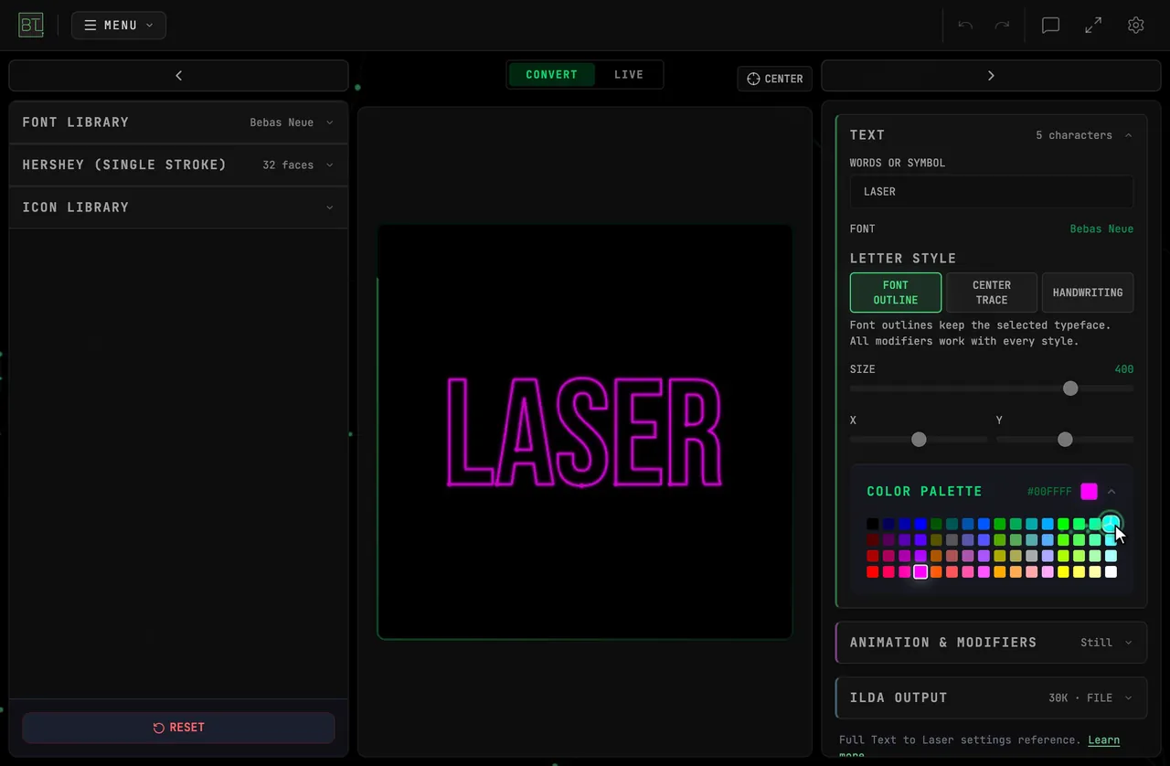 Opening COLOR PALETTE and clicking magenta, cyan, amber, red and green; the LASER outline recolors with each click
