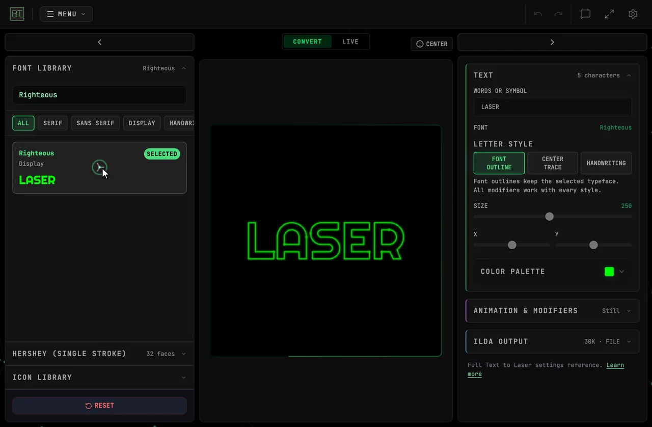Searching the Font Library for Orbitron, Righteous, Audiowide and Bebas Neue and clicking each one; the laser preview redraws LASER in every face