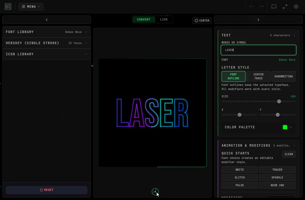 Typing LASER into the Words or Symbol field of Text to Laser while the NEON INK Quick Start writes each letter in flowing blue, cyan and magenta