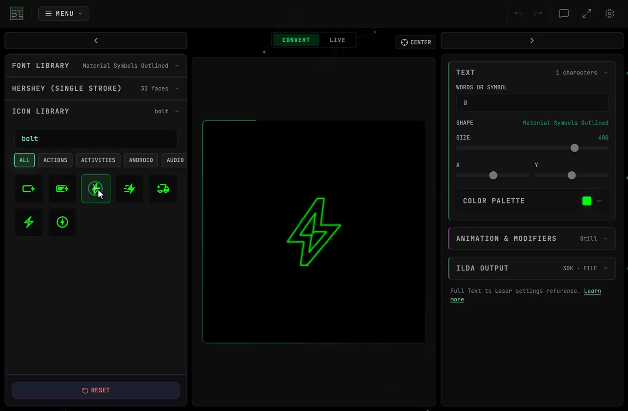 Searching the Icon Library for rocket and bolt and clicking a result; the laser preview replaces the word with the icon outline