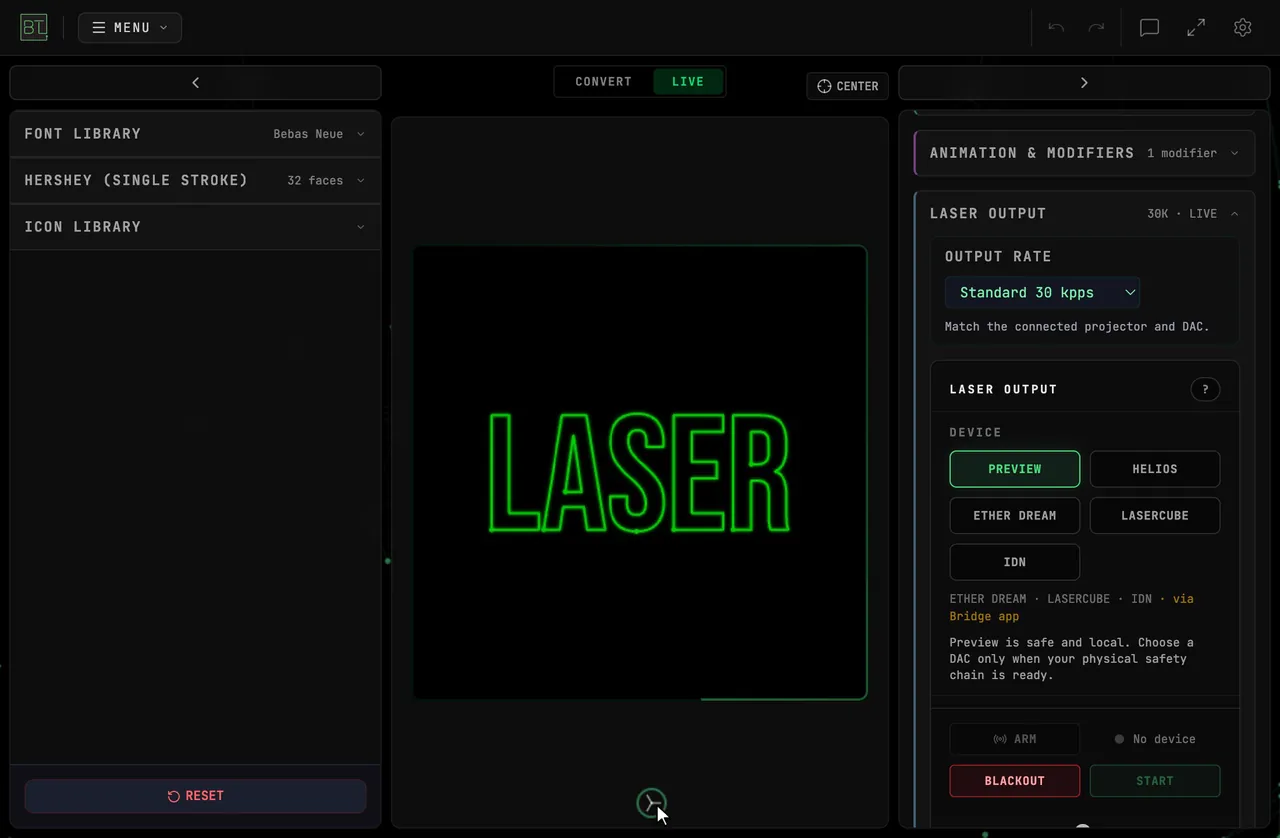 Switching Text to Laser from CONVERT to LIVE and opening LASER OUTPUT; PREVIEW is selected while the WRITE animation plays on the canvas