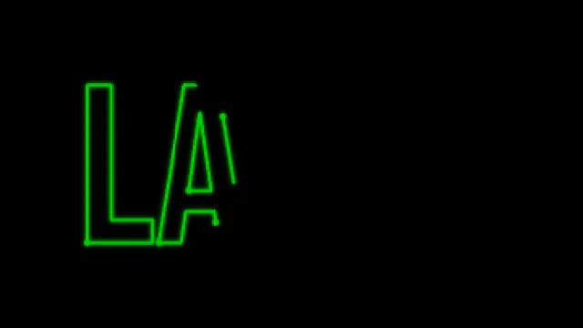 Spotlights: a moving gobo reveals parts of the LASER lettering as it travels