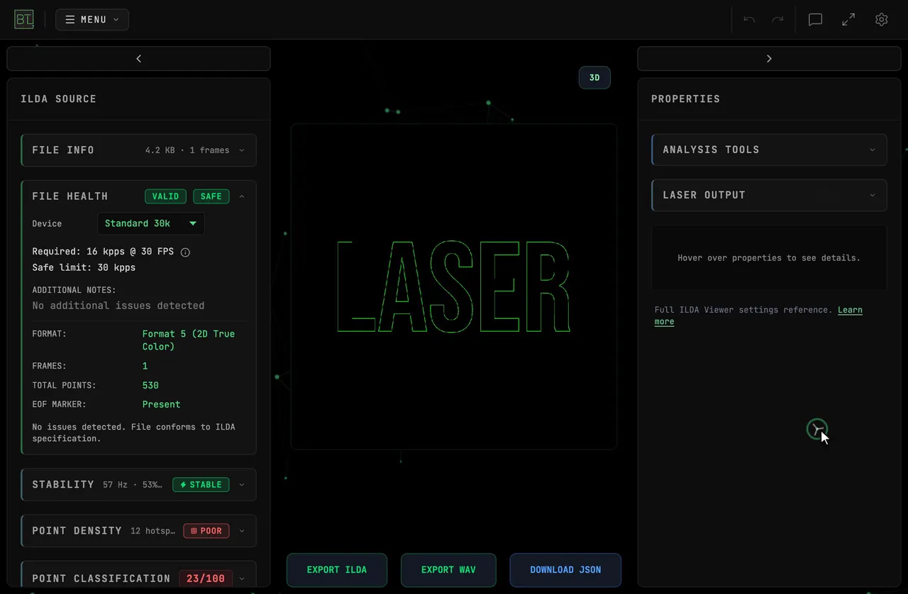 Clicking OPEN IN ILDA VIEWER from the ILDA OUTPUT section; the ILDA Viewer opens with FILE HEALTH, required kpps, stability, point density and point classification for the LASER frame