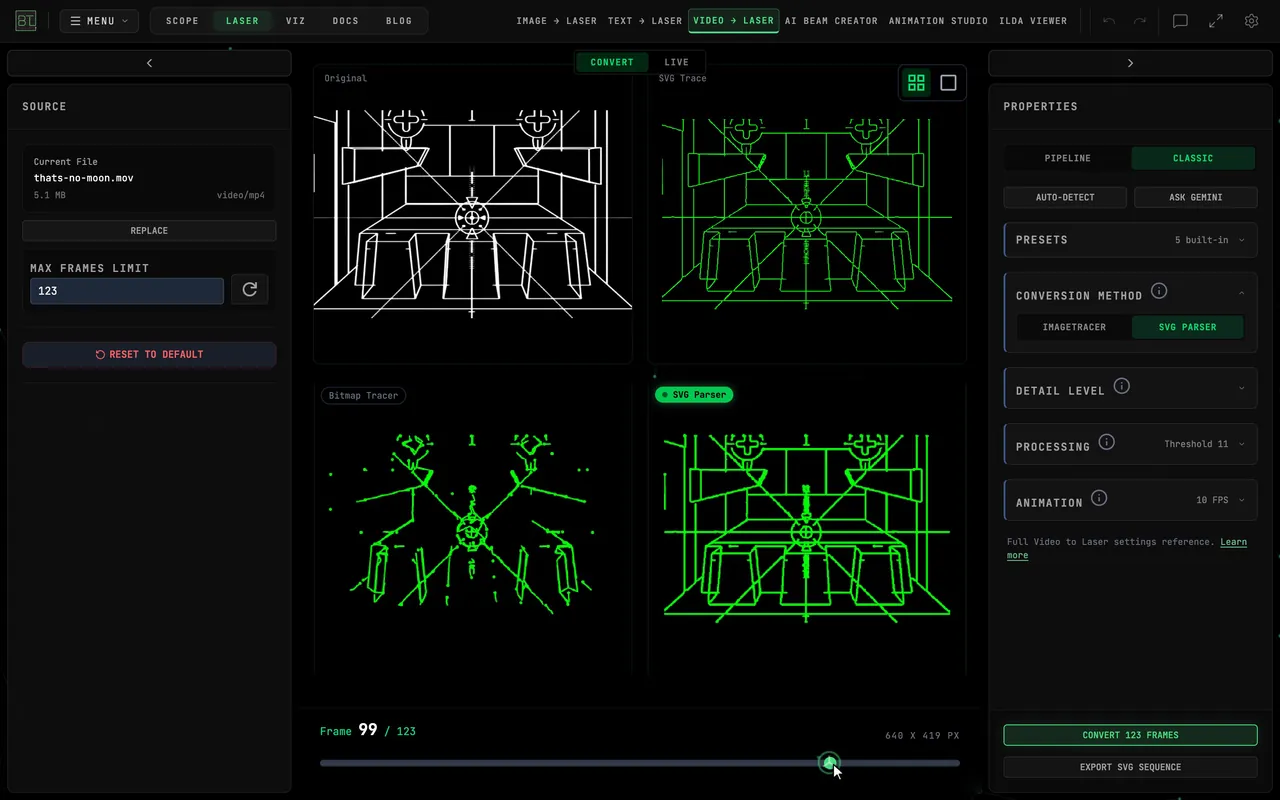 Video to Laser Convert with the NOT A MOON example: the scrubber moves through the clip while the Original, SVG Trace, Bitmap Tracer and SVG Parser panes redraw the station, the grid and the targeting interior