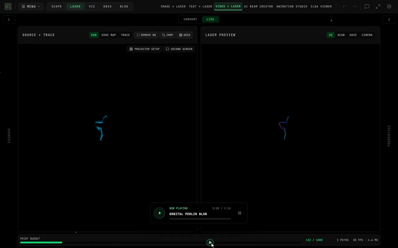 Video to Laser traces moving source contours in LIVE mode