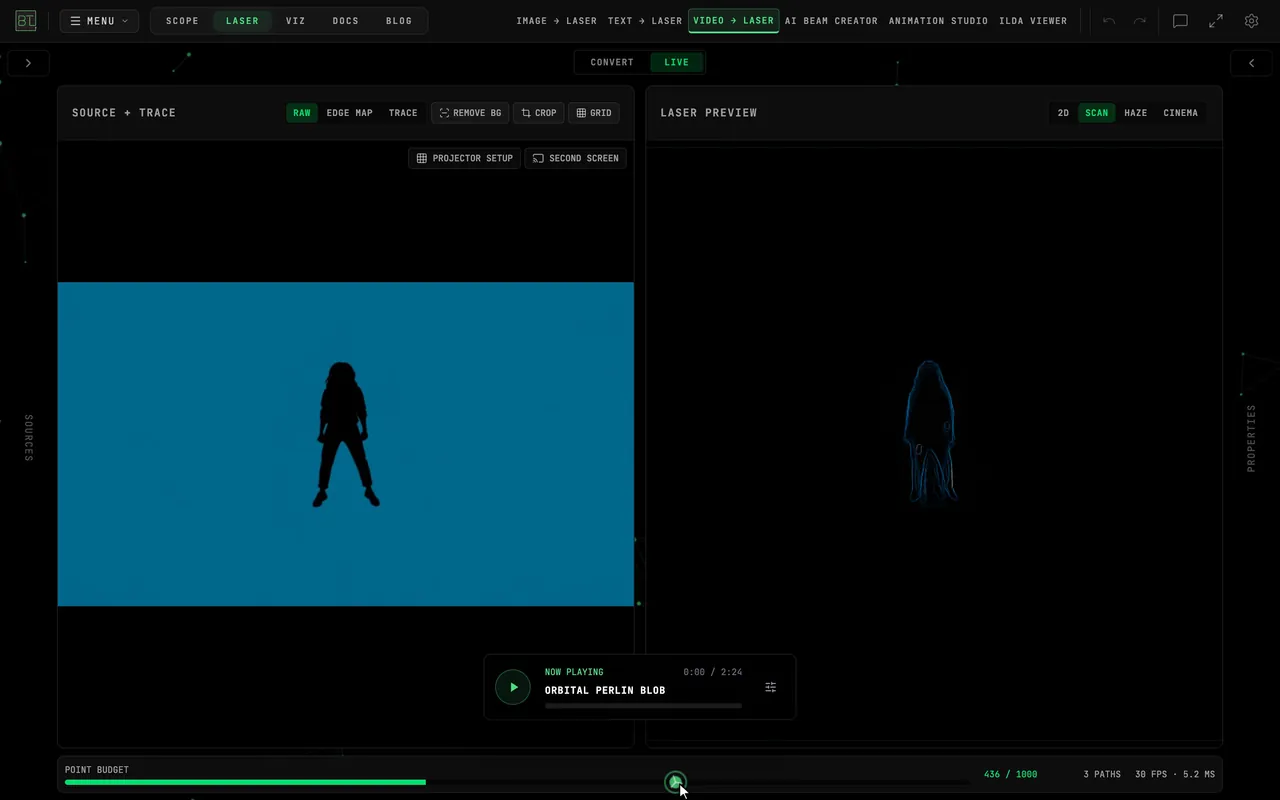 LASER PREVIEW switching from 2D to SCAN on the DANCE SILHOUETTE example: SCAN draws the outline point by point with galvo simulation and persistence, then returns to 2D