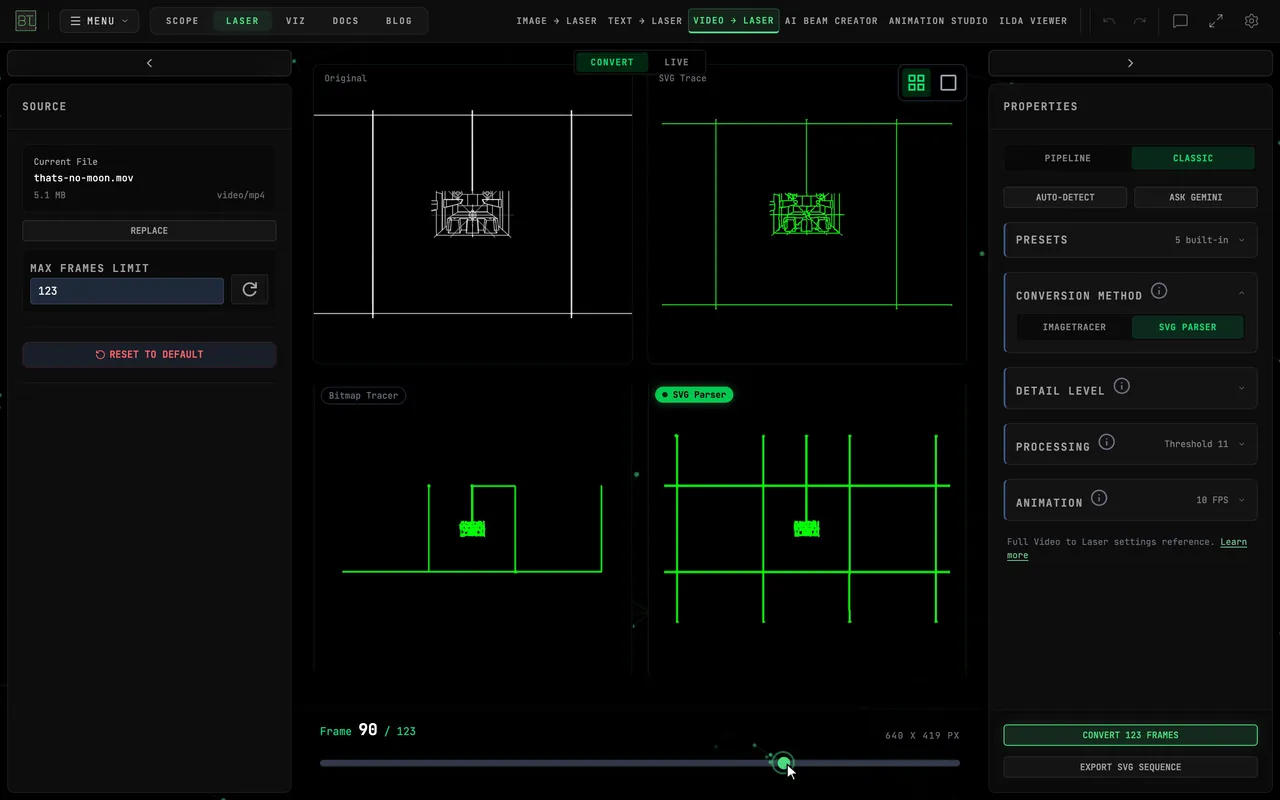 Clicking the NOT A MOON example: frames extract, then the scrubber moves from the first frame to frame 96 while the four preview panes trace each frame