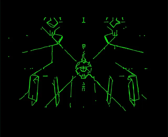 IMAGETRACER: the same frame traced from the bitmap as broken green line segments