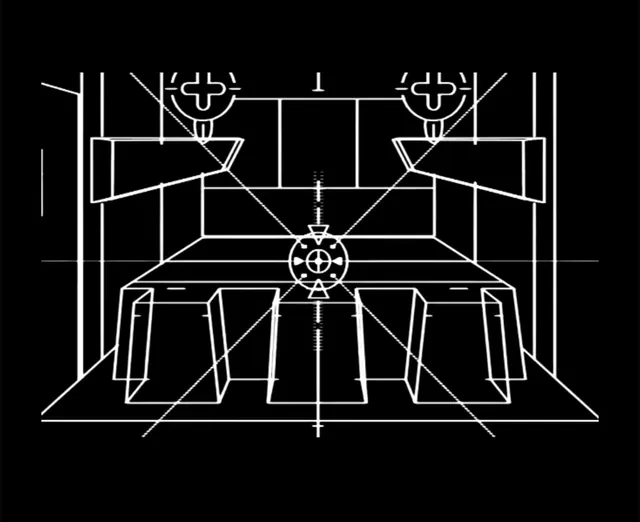 ORIGINAL: frame 96 of NOT A MOON, a white line drawing of a targeting interior