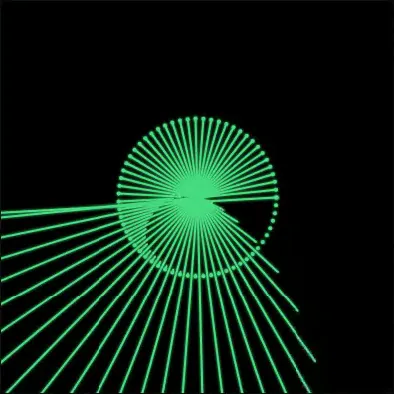 The Radial Bars visualizer on a circle layer: a dense ring of bars radiating outward, each driven by a different frequency band of the playing track
