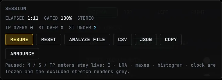 The SESSION card while paused: elapsed frozen, counters, and the amber RESUME button