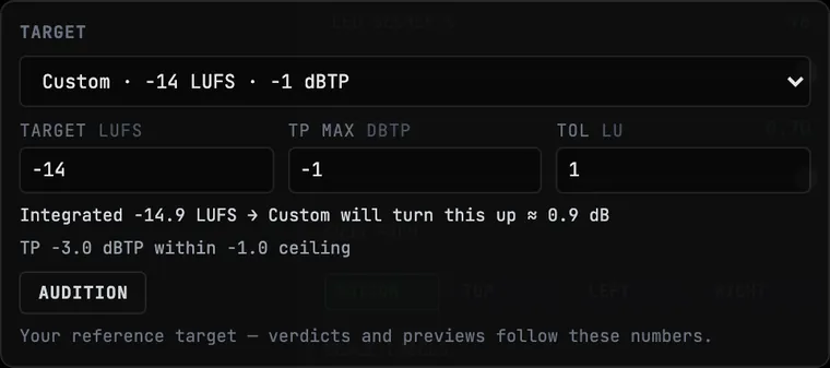 The TARGET card with Custom selected, showing the TARGET LUFS, TP MAX, and TOL inputs
