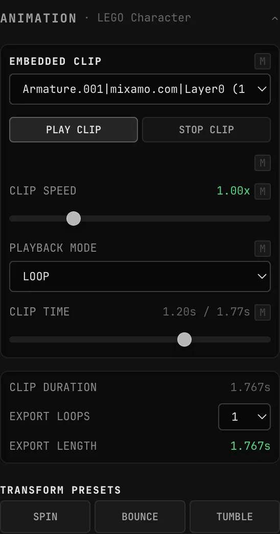 The ANIMATION · LEGO Character section: EMBEDDED CLIP Armature.001|mixamo.com|Layer0 (1.77s), PLAY CLIP and STOP CLIP, CLIP SPEED 1.00x, PLAYBACK MODE LOOP, CLIP TIME 1.20s / 1.77s, CLIP DURATION 1.767s, EXPORT LOOPS 1, EXPORT LENGTH 1.767s, and the SPIN, BOUNCE and TUMBLE transform presets