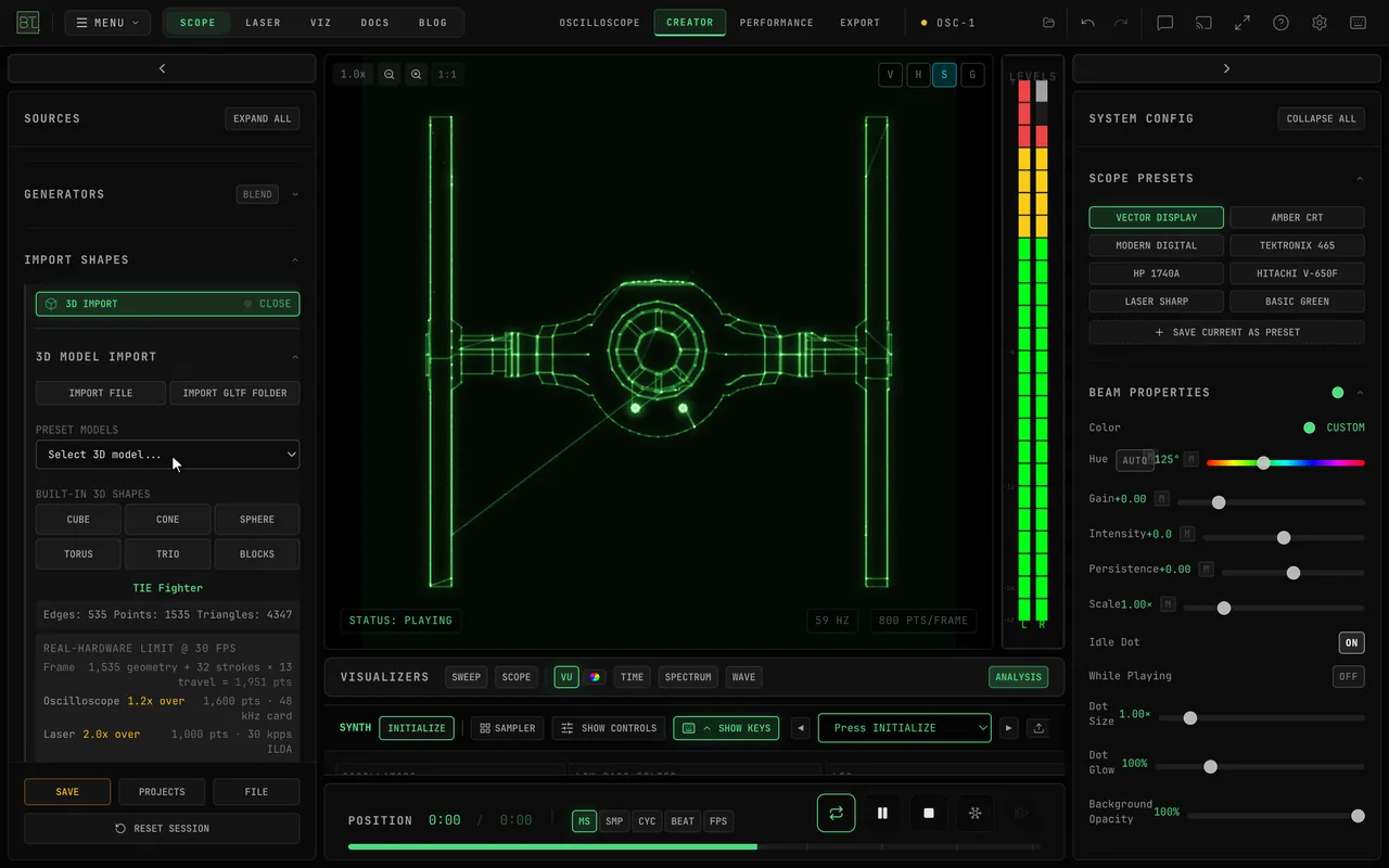 OSC-1 traces built-in 3D shapes and a preset spacecraft model