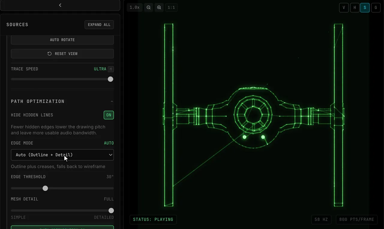 The TIE Fighter on the scope as EDGE MODE steps through Feature, Sharp Edges Only, Wireframe (All Edges), Silhouette (Contour) and back to Auto: interior creases come and go, Wireframe fills the wings with triangles, Silhouette leaves only the outer contour