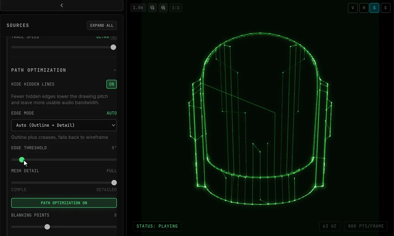 The Daft Punk (Guy-Manuel) helmet on the scope while EDGE THRESHOLD is dragged from 15° up to 45°, where only the outline and visor remain, and down to 8°, where the panel seams inside the helmet appear