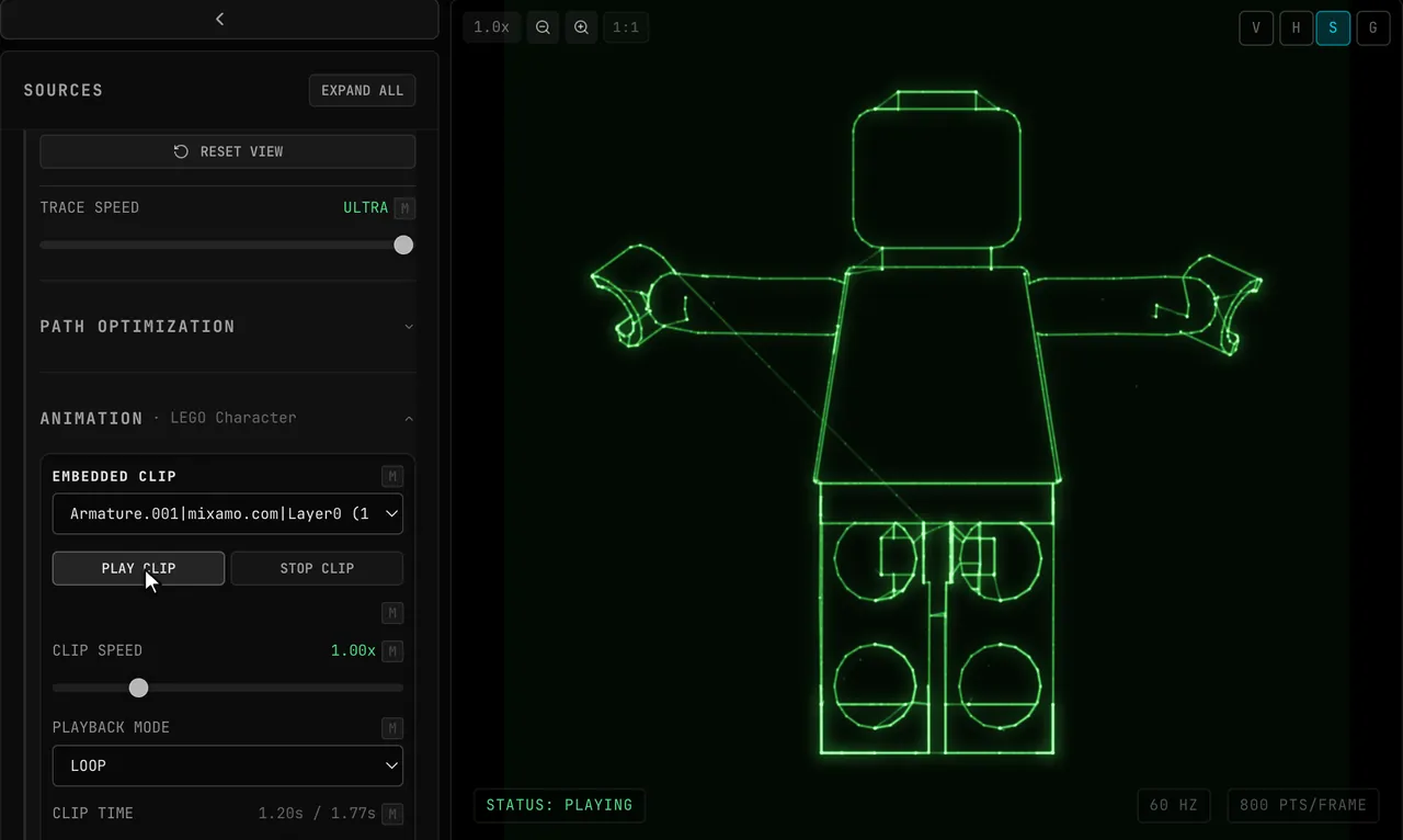 The ANIMATION · LEGO Character section with EMBEDDED CLIP Armature.001|mixamo.com|Layer0 (1.77s): PLAY CLIP is clicked and the traced LEGO figure on the scope moves its arms through the clip while CLIP TIME advances