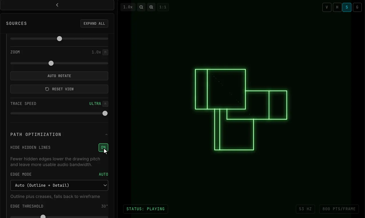 Overlapping boxes in OSC-1 as Hide Hidden Lines is switched on and off
