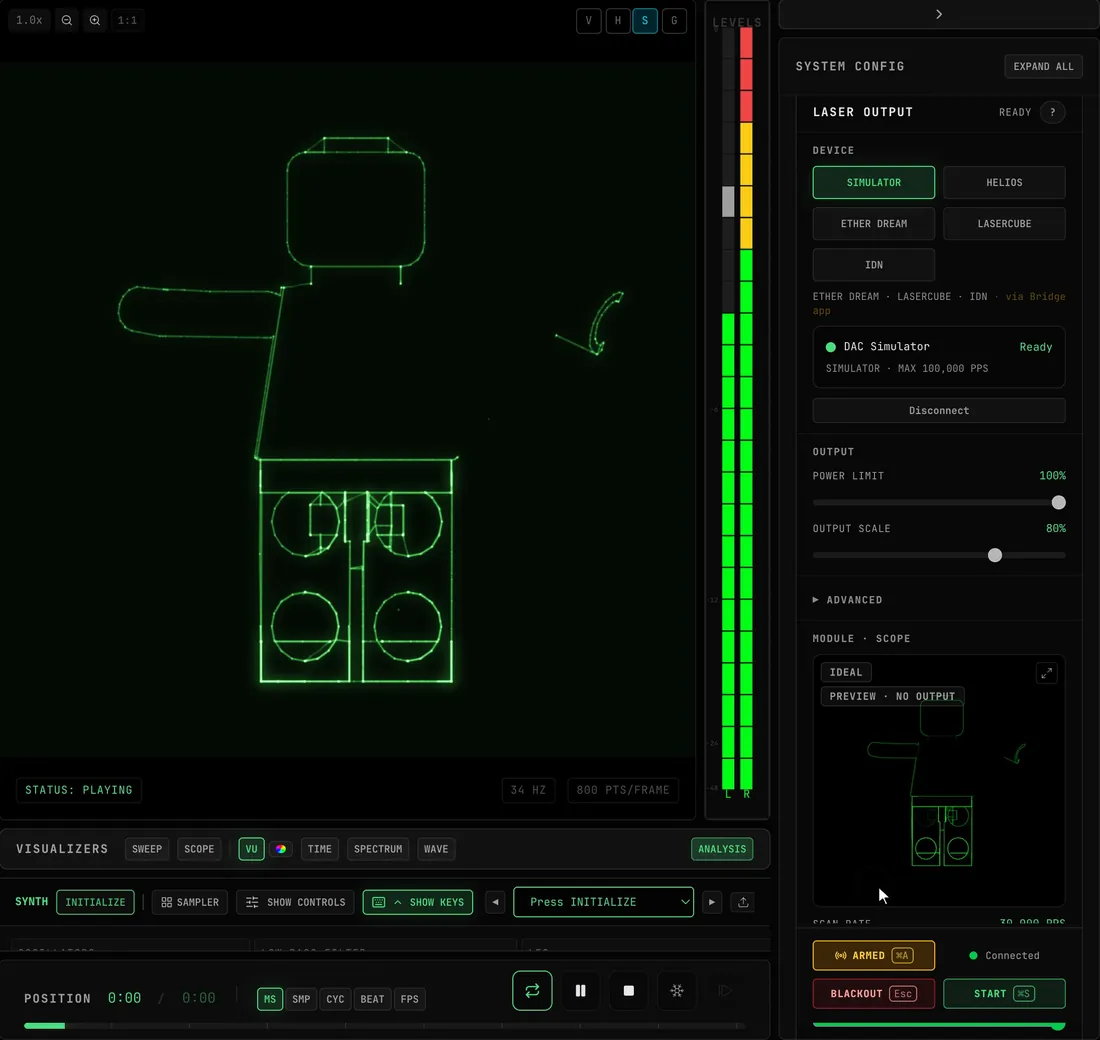 With the LEGO Character clip playing on the scope, LASER OUTPUT is set to SIMULATOR and CONNECT SIMULATOR is clicked, then ARM, CONFIRM ARM and START: the DAC Simulator card reads ACTIVE and the output preview under MODULE · SCOPE draws the figure