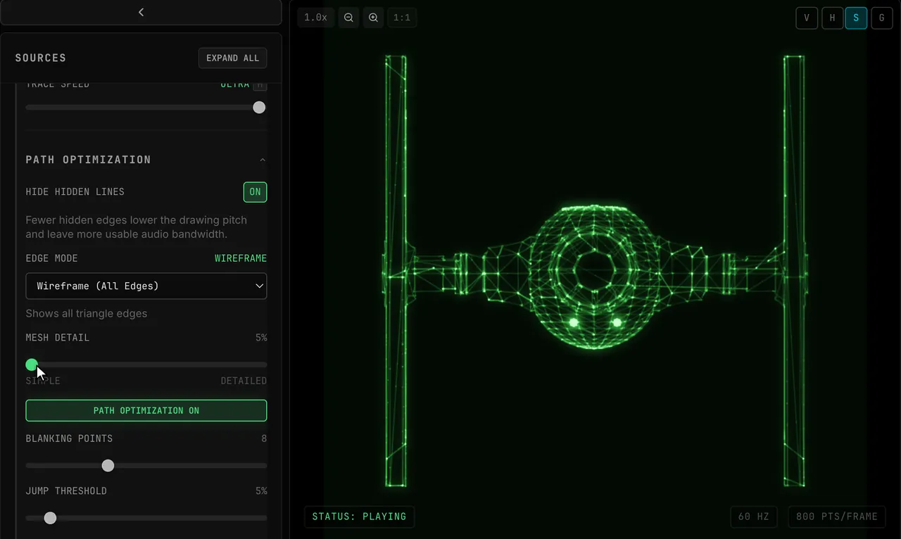 OSC-1 Wireframe model becomes less dense as Mesh Detail is lowered
