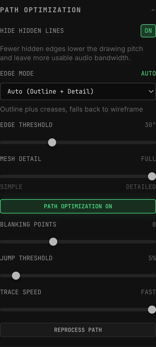 The PATH OPTIMIZATION section of the 3D Import panel: HIDE HIDDEN LINES ON, EDGE MODE Auto (Outline + Detail), EDGE THRESHOLD 30°, MESH DETAIL FULL, the PATH OPTIMIZATION ON button, BLANKING POINTS 8, JUMP THRESHOLD 5%, TRACE SPEED FAST and REPROCESS PATH