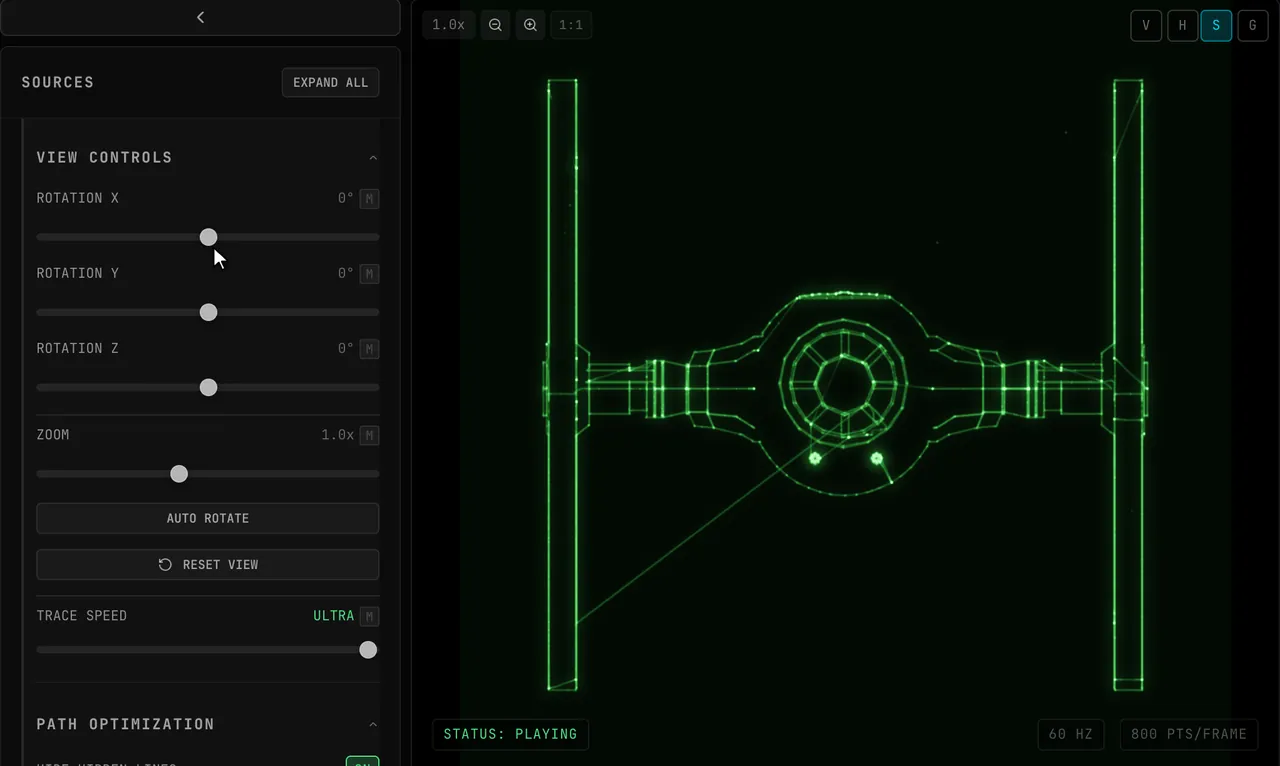 VIEW CONTROLS on the TIE Fighter: ZOOM dragged in and out, AUTO ROTATE clicked so the traced model turns on the scope and the button reads STOP ROTATION, then RESET VIEW returns it to face the camera