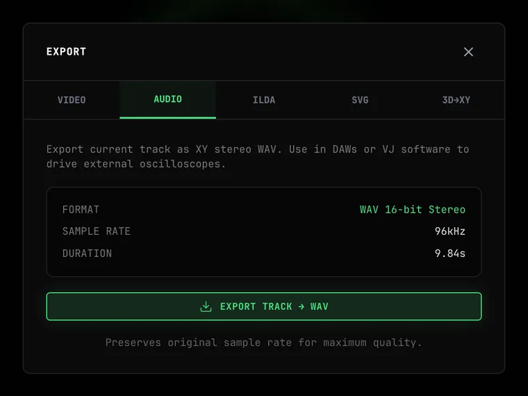 The OSC-1 Export dialog on the AUDIO tab: FORMAT WAV 16-bit Stereo, SAMPLE RATE 96kHz, DURATION 9.84s and the EXPORT TRACK → WAV button