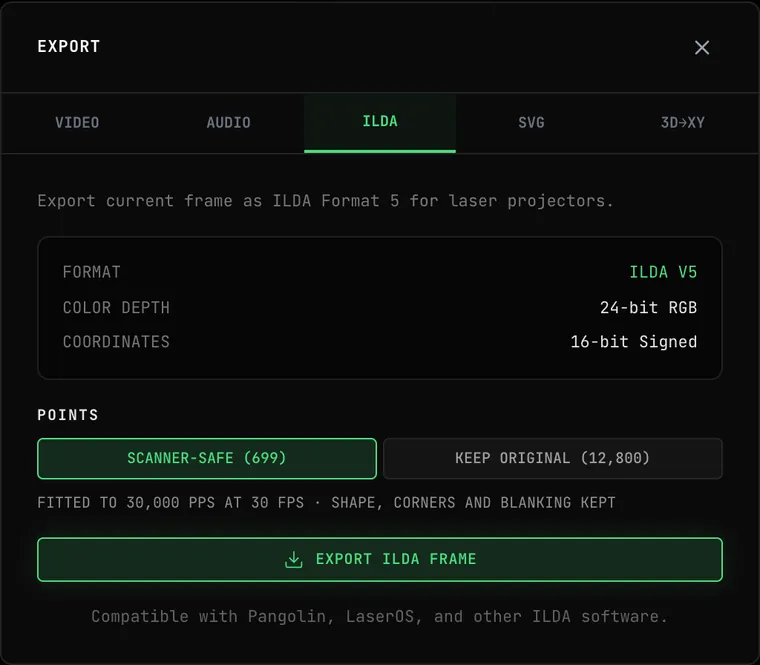 The OSC-1 Export dialog on the ILDA tab: format ILDA V5, 24-bit RGB color, 16-bit signed coordinates, the POINTS buttons SCANNER-SAFE (699) selected and KEEP ORIGINAL (12,800), the line FITTED TO 30,000 PPS AT 30 FPS, and the EXPORT ILDA FRAME button