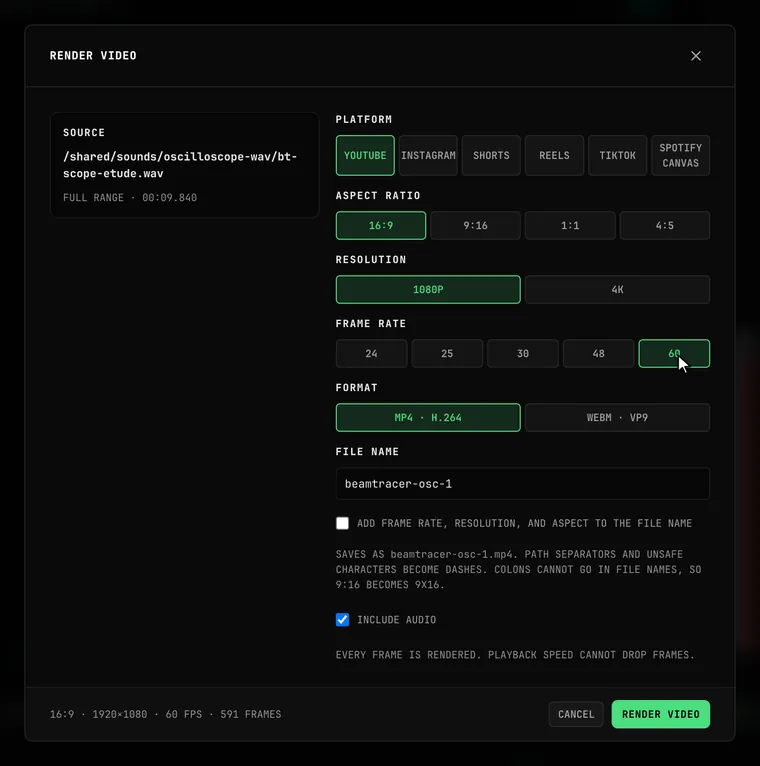 The RENDER VIDEO dialog: SOURCE with FULL RANGE · 00:09.840, PLATFORM with YOUTUBE selected, ASPECT RATIO 16:9, RESOLUTION 1080P, FRAME RATE 60, FORMAT MP4 · H.264, FILE NAME beamtracer-osc-1, INCLUDE AUDIO checked, the footer 16:9 · 1920×1080 · 60 FPS · 591 FRAMES, and the CANCEL and RENDER VIDEO buttons