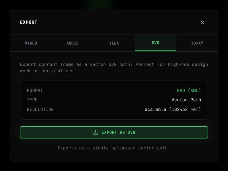 The OSC-1 Export dialog on the SVG tab: FORMAT SVG (XML), TYPE Vector Path, RESOLUTION Scalable (1024px ref) and the EXPORT AS SVG button