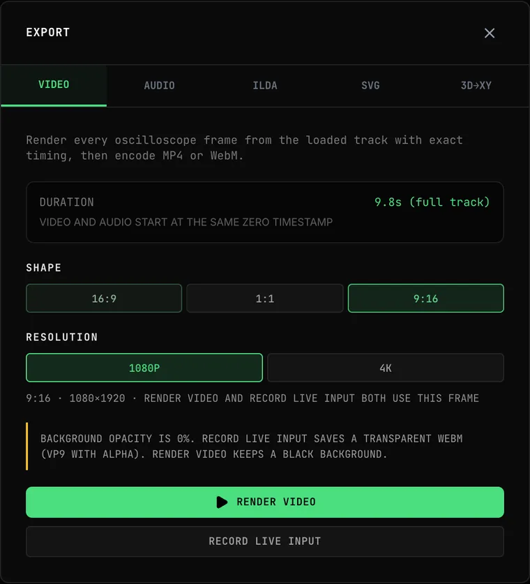 The OSC-1 Export dialog with Background Opacity at 0%: a notice reads that Record Live Input saves a transparent WebM (VP9 with alpha) and Render Video keeps a black background