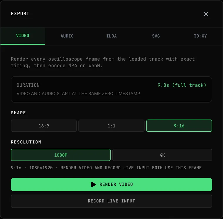 The OSC-1 Export dialog on the Video tab: the duration, the SHAPE choice with 9:16 selected, the RESOLUTION choice with 1080P selected, the line 9:16 · 1080×1920, and the Render Video and Record Live Input actions