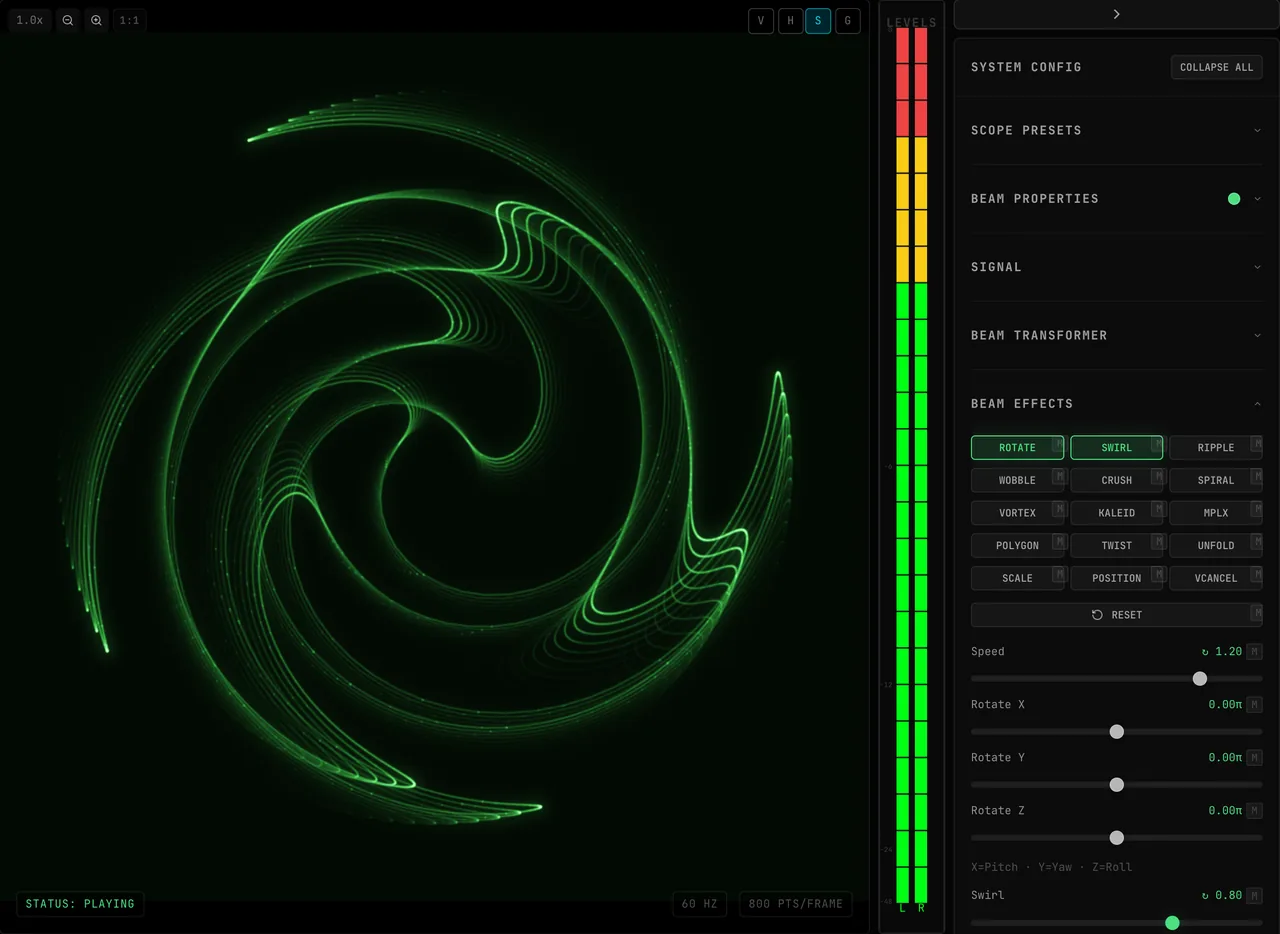 The Beam Effects panel beside the scope: clicking ROTATE sets a Lissajous figure spinning, dragging Speed makes it spin faster, then clicking SWIRL and dragging Swirl bends the spinning figure into a spiral