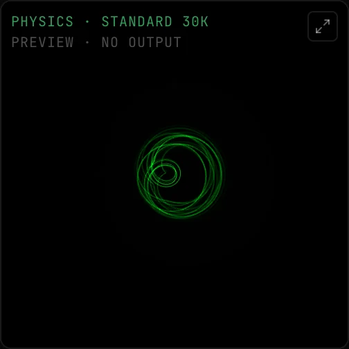 The output preview labeled PHYSICS · STANDARD 30K and PREVIEW · NO OUTPUT, drawing the figures a scanner would trace as the track plays