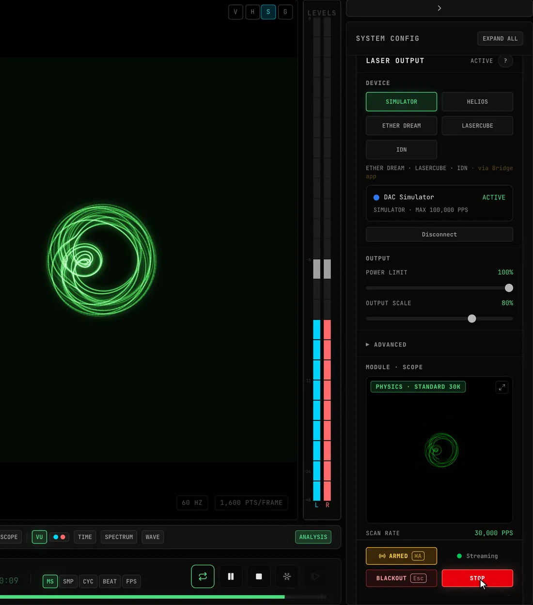 Esc is pressed while the DAC Simulator streams: the output preview goes dark, its header reads PREVIEW · NO OUTPUT and the row shows RELEASE BLACKOUT; RELEASE BLACKOUT is clicked, then START, and the preview draws again